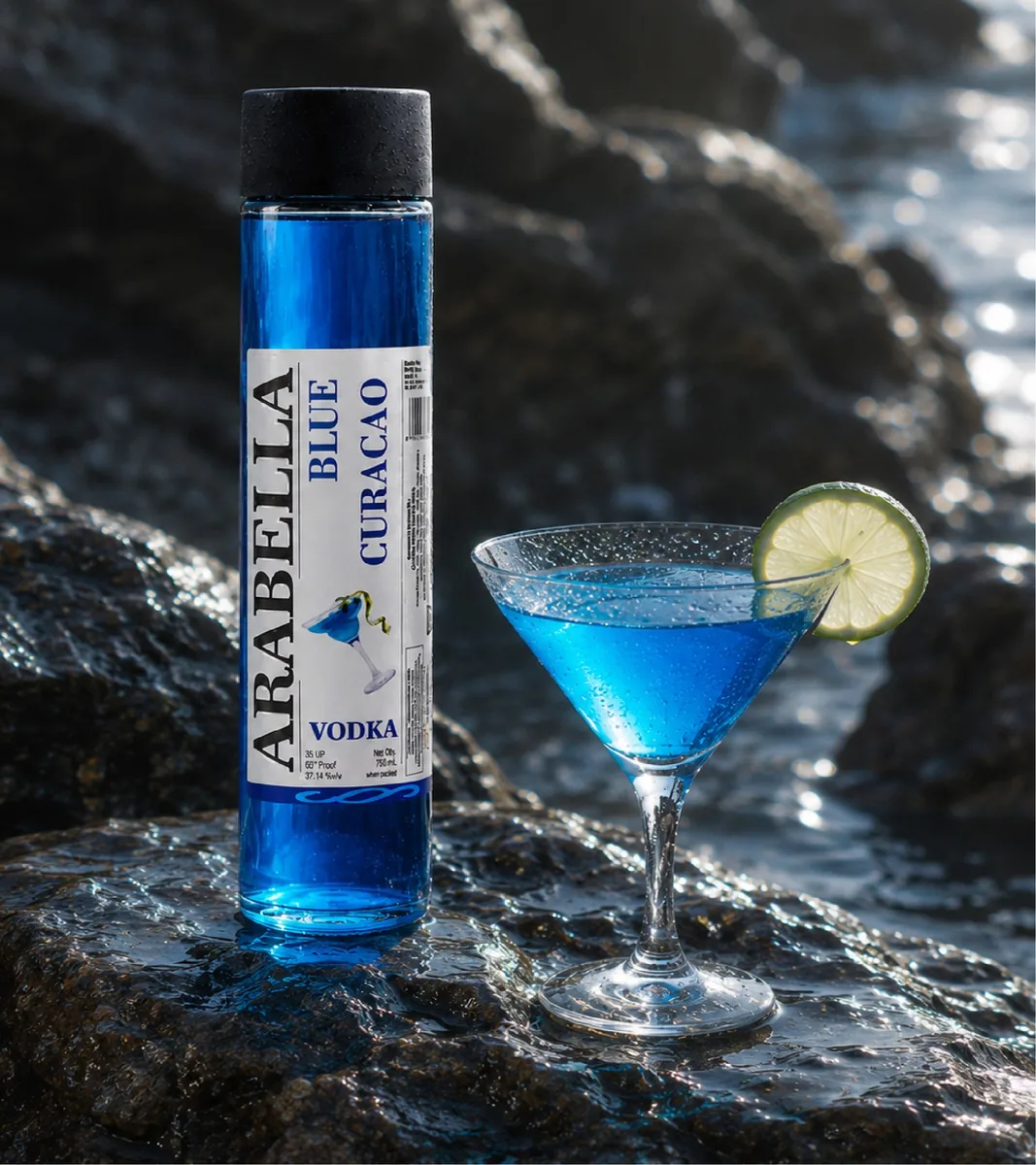 Arabella Blue Curacao Vodka bottle beside a blue drink