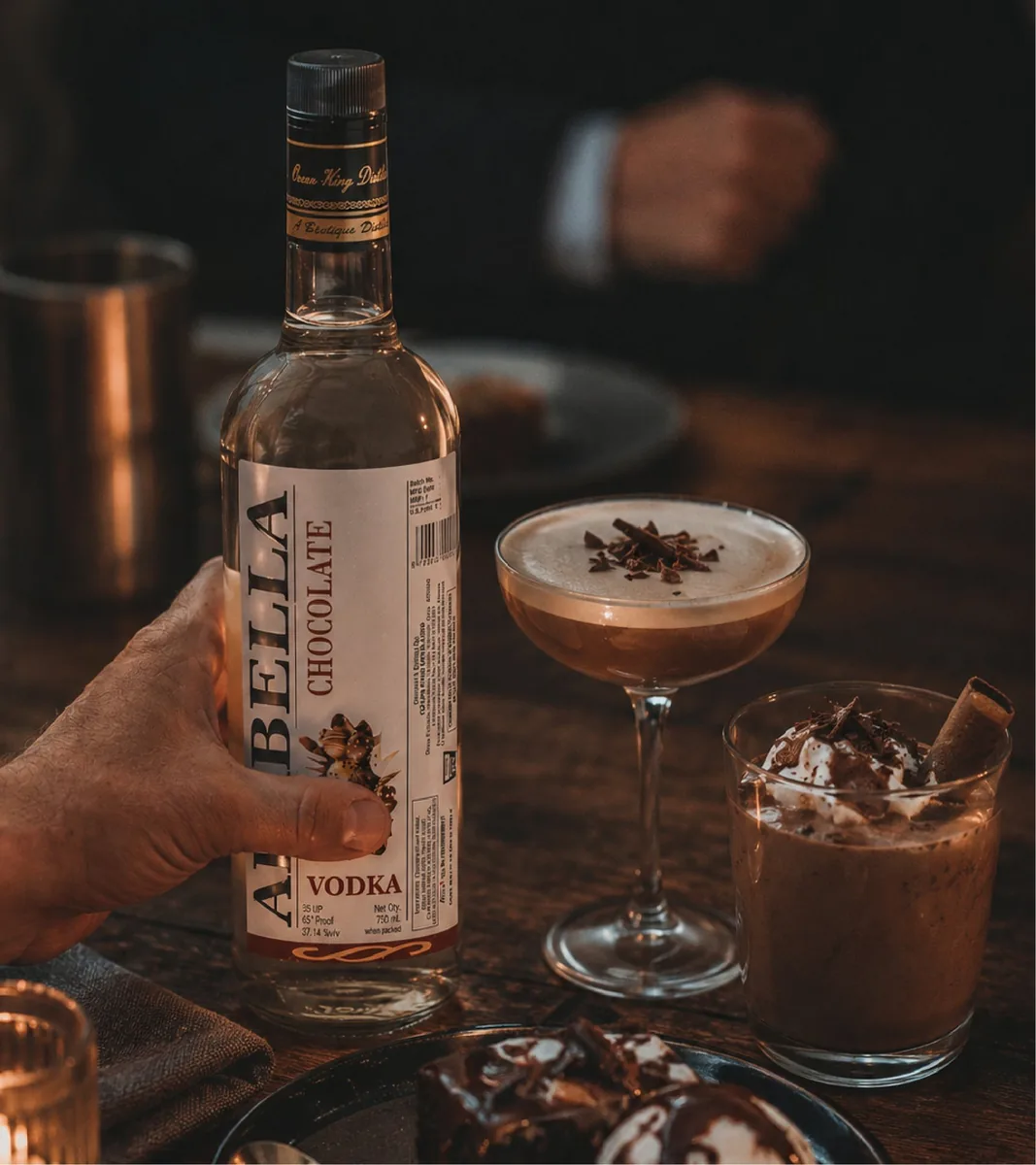 Arabella Chocolate Vodka bottle beside a chocolate drink