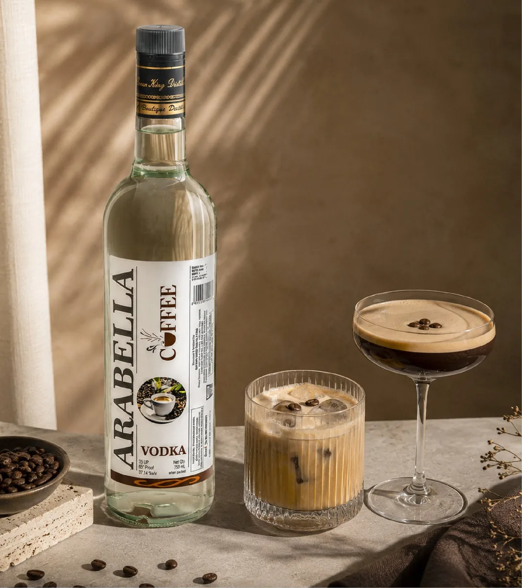 Arabella Coffee Vodka bottle beside coffee drinks