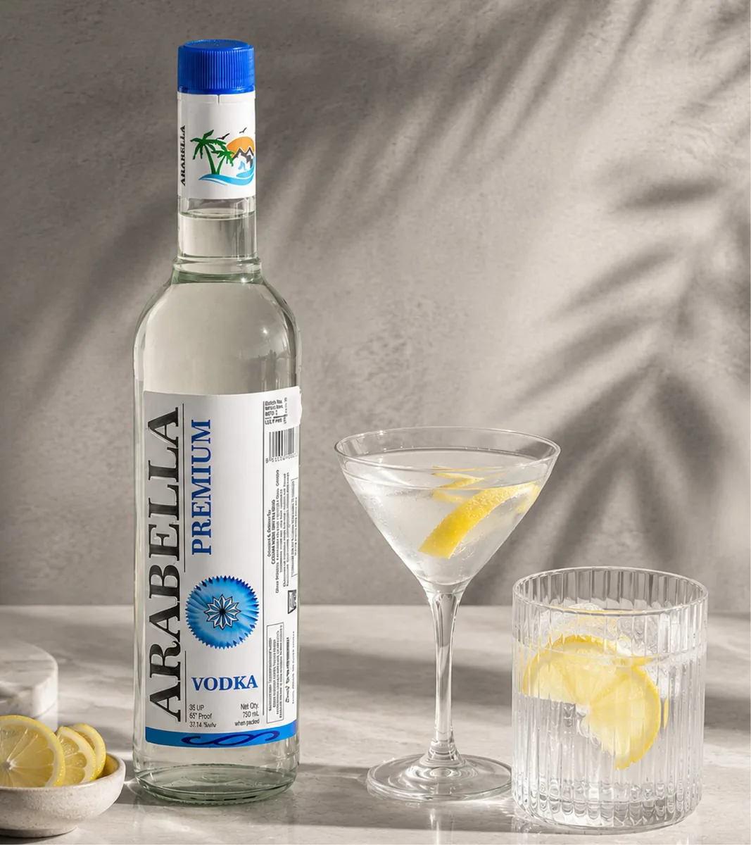 Arabella Premium Vodka bottle beside glasses