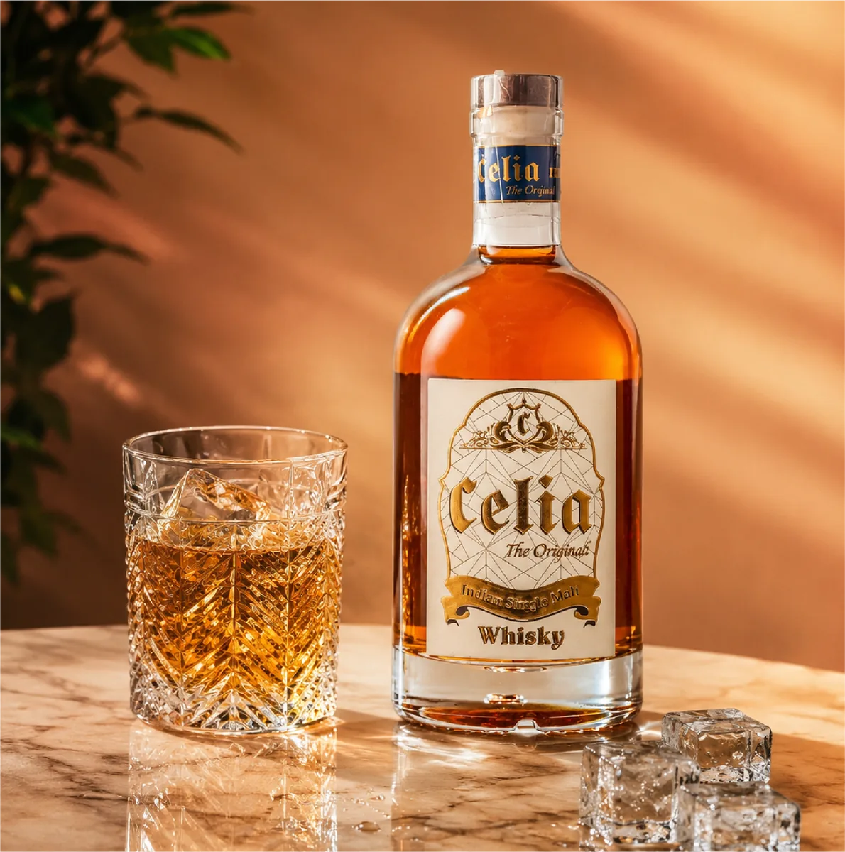 Celia The Original Indian Single Malt Whisky bottle beside a glass