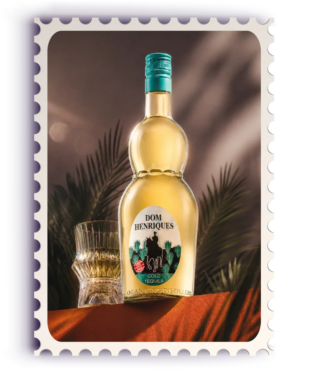 Dom Henriques Gold Tequila bottle in framed product artwork