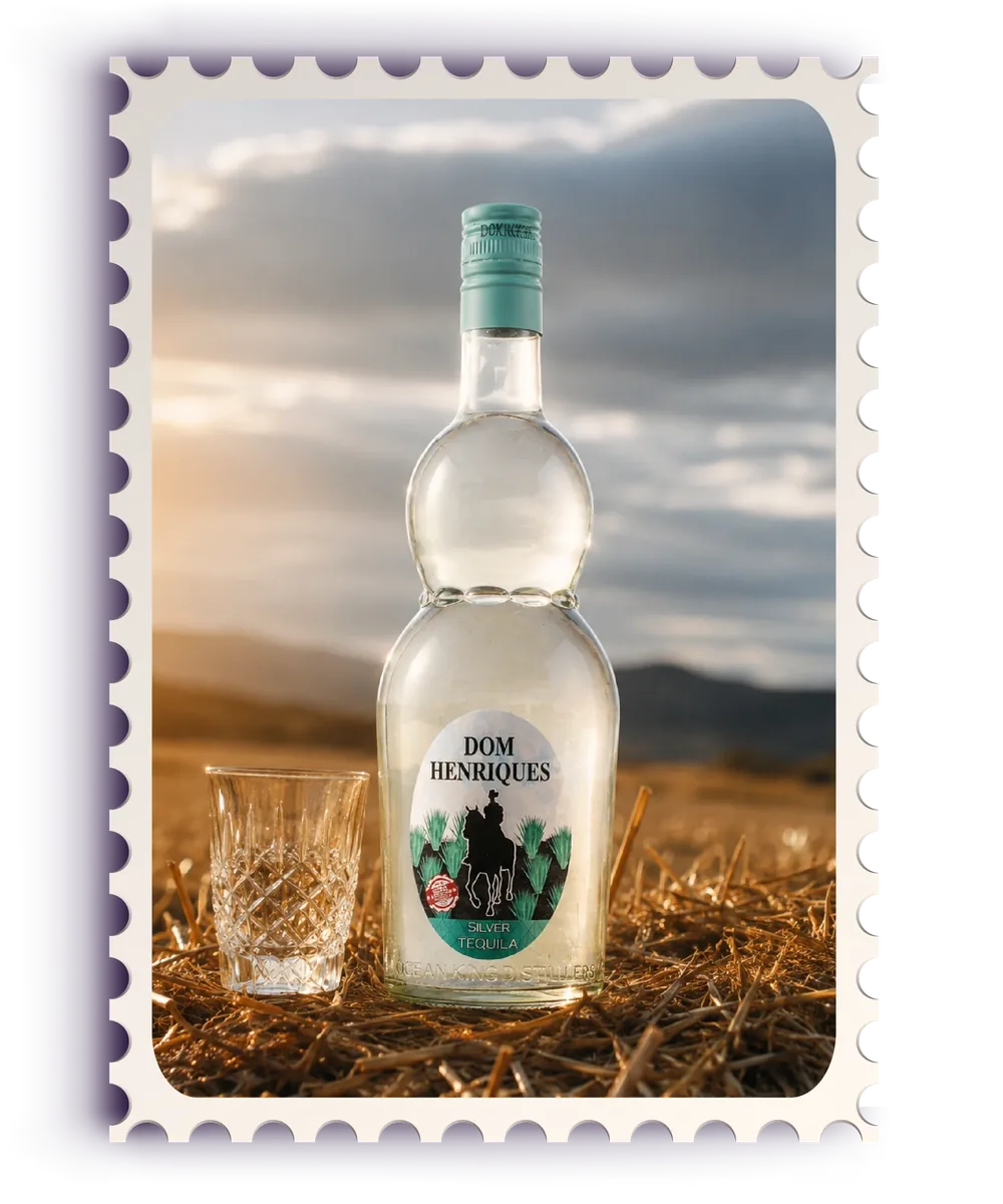 Dom Henriques Silver Tequila bottle in framed product artwork
