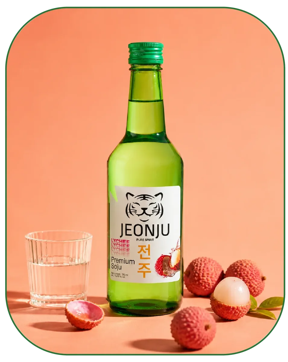 Jeonju Lychee Soju bottle with lychees and a glass