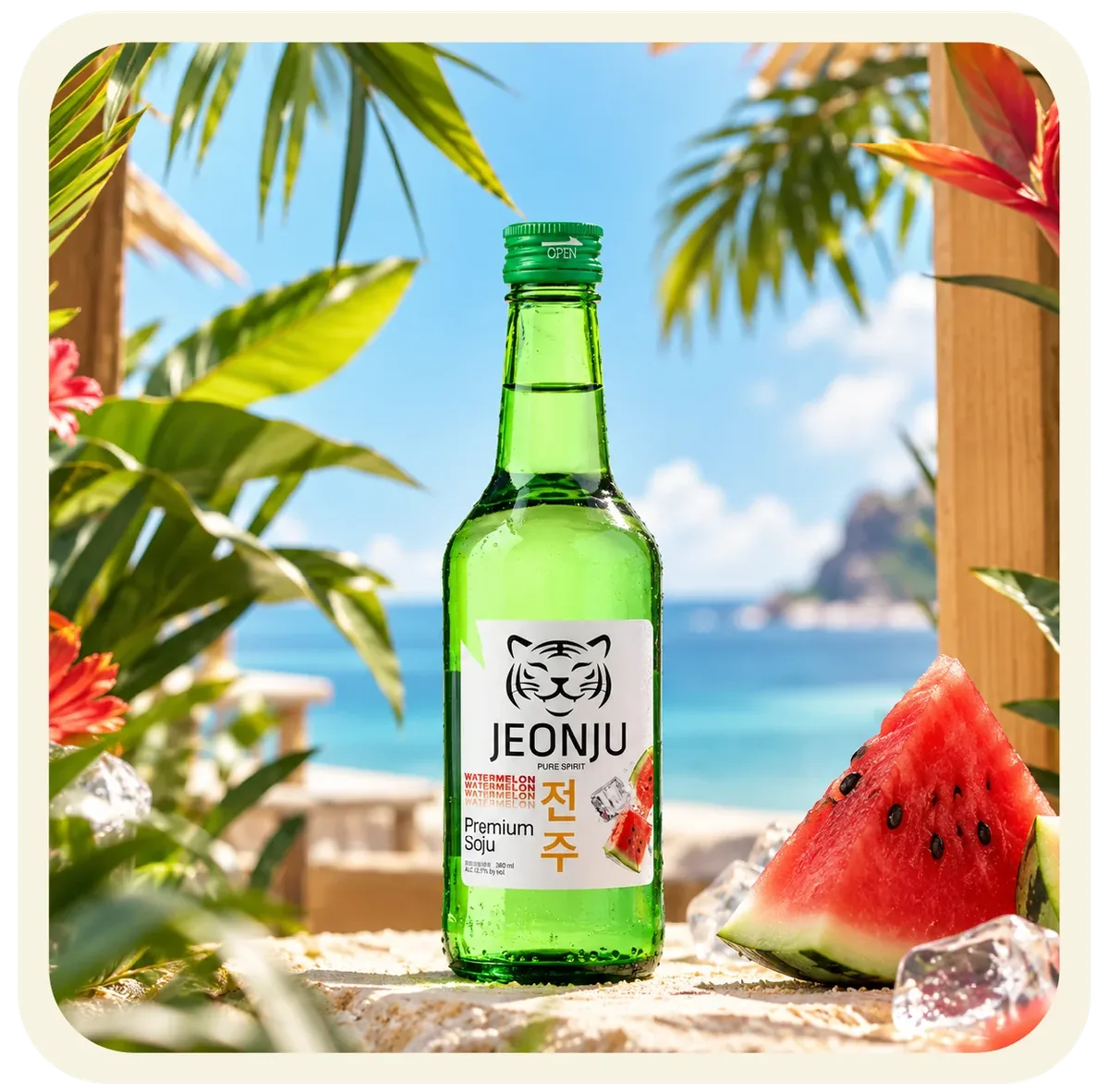 Jeonju Watermelon Soju bottle beside watermelon
