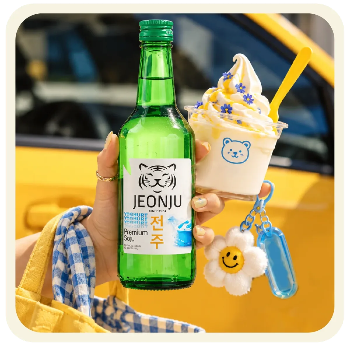 Jeonju Yogurt Soju bottle with a creamy drink