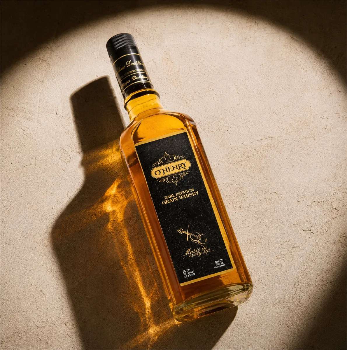 O’Henry whisky bottle photographed on a table