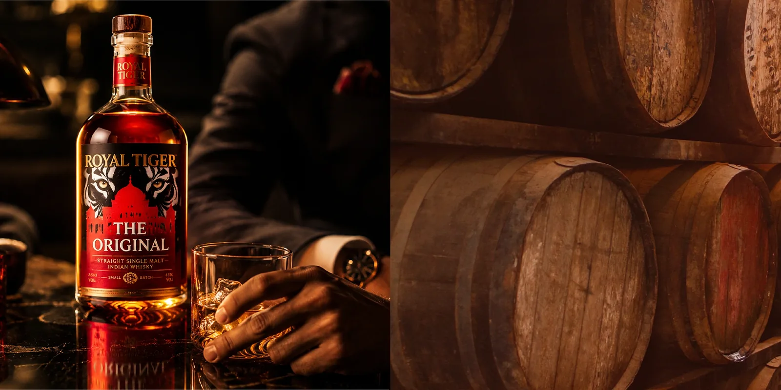 Royal Tiger The Original bottle beside a glass and barrel imagery