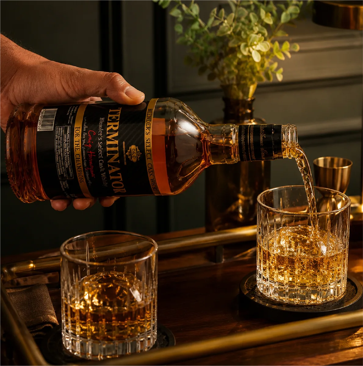 Terminator whisky bottle pouring into a glass