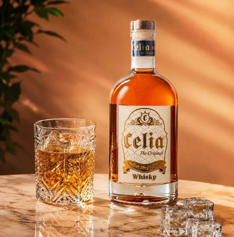 Celia The Original whisky bottle beside a glass on a stone tabletop